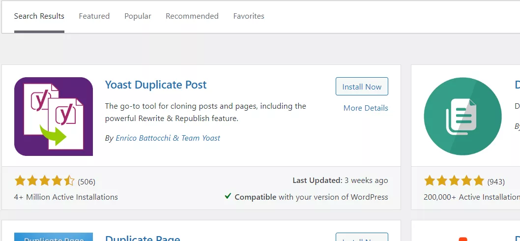 Installing and activating the Yoast Duplicate Post plugin from the plugins option