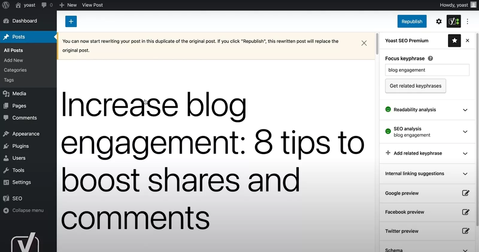 Rewriting and republishing a page or post using the Duplicate Post plugin