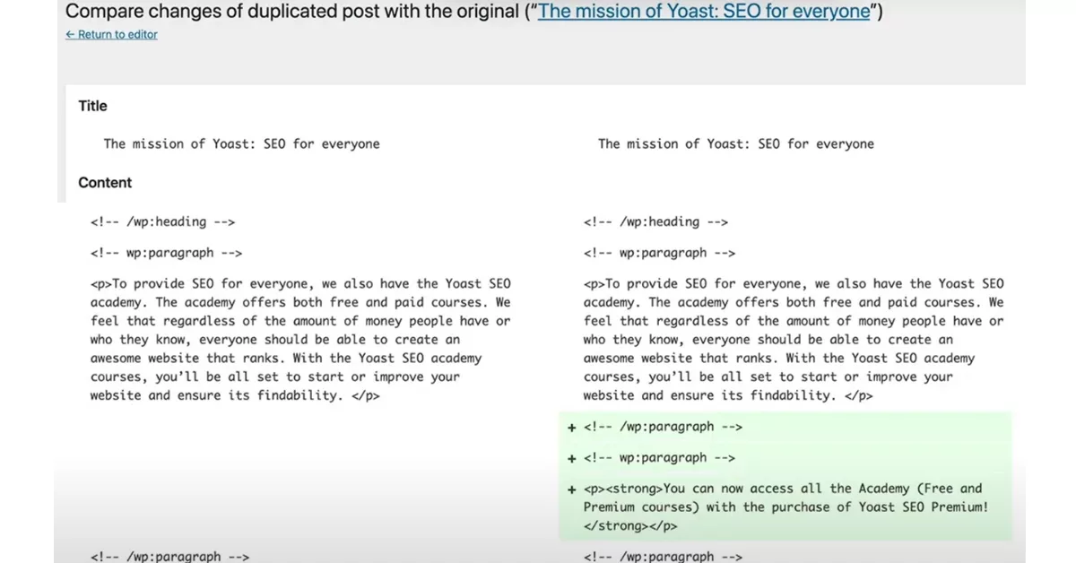 Compare changes of the duplicated post with the original WordPress post highlighted in green