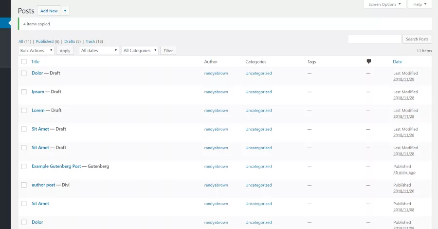 Draft pages created for all the posts duplicated in a bulk action using the Duplicate Post plugin