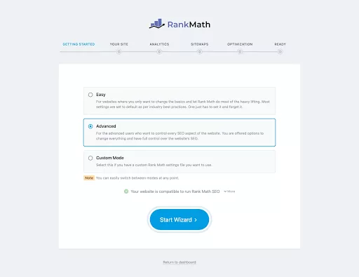 Navigating Rank Math by choosing between easy, advanced, and custom options