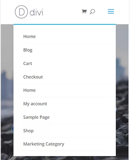 Default appearance of the Divi Menu module on mobile devices.