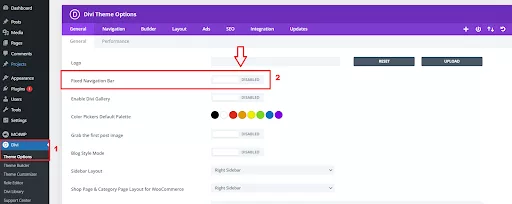 Disabling the fixed navigation setting in Divi’s theme options. This will help us remove the main menu area at the top of our page.
