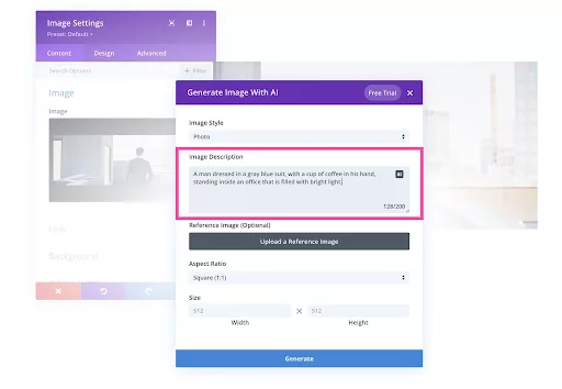 Generating images with Divi AI by giving prompts