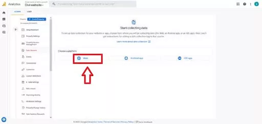 To get a tracking code, start by creating a data stream. Click on “Web” since we’re setting this up for our Divi website.