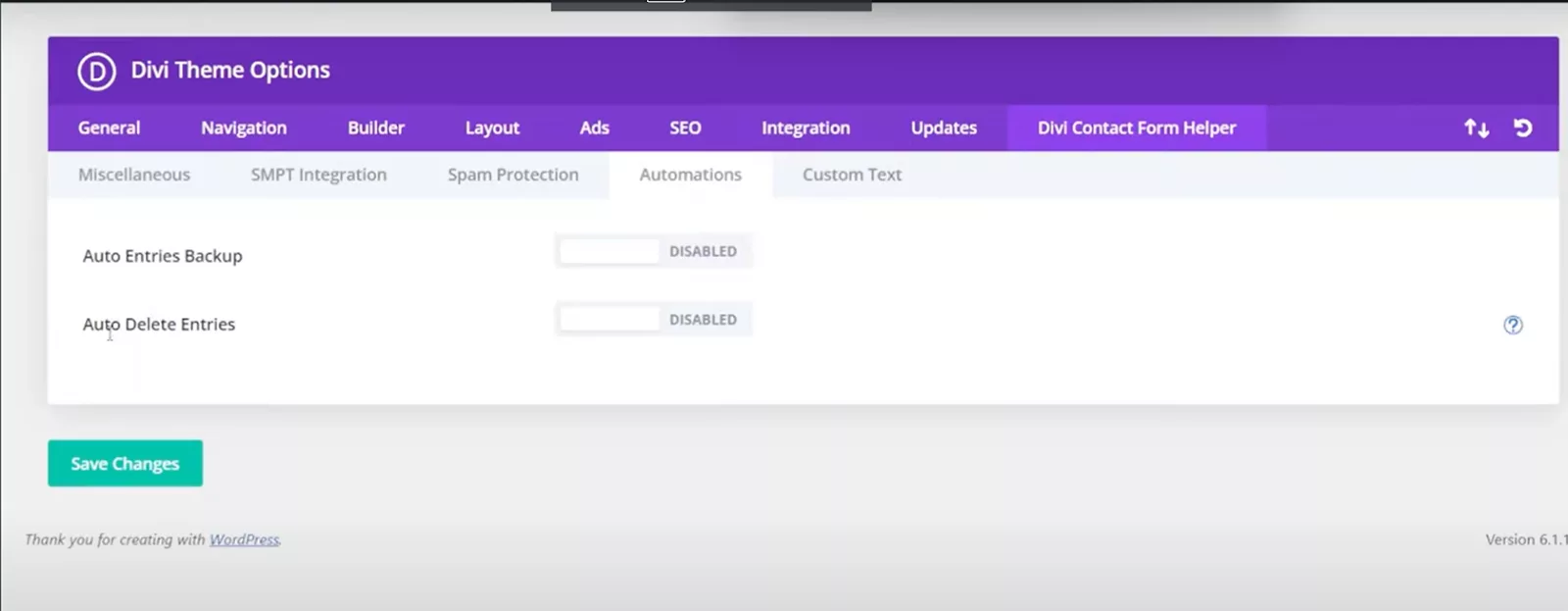 Delete entries automatically by toggling Auto Delete Entries to enable in Divi Contact Form Helper.