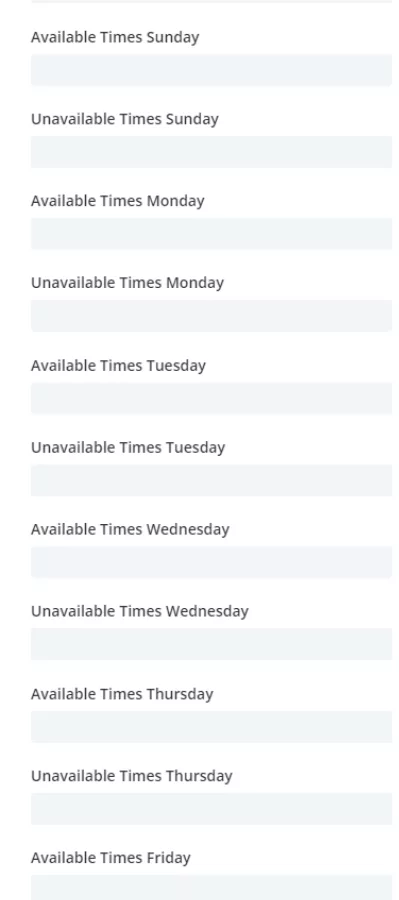 Setting time for each day in the day/time picker tab of the Divi Contact Form Helper plugin to define available and unavailable times.