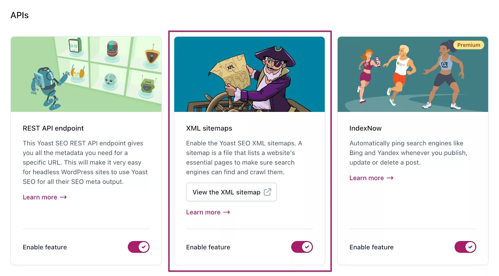 Toggle ‘Enable feature’ to create an XML sitemap using the Yoast plugin and then view it by clicking on ‘View the XML sitemap’