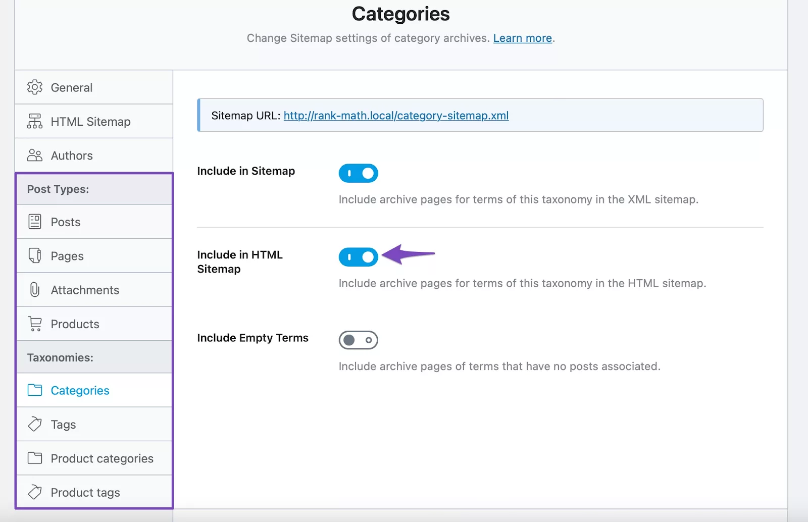 Include in HTML sitemap for post types and taxonomies in the HTML sitemap settings using the Rank Math SEO plugin.