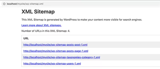 Basic XML Sitemap generated by WordPress to make your content more visible for search engines