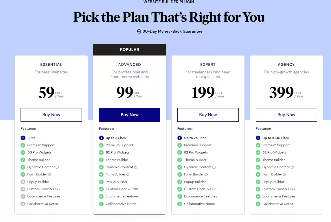 Elementor Pro Page Builder Pricing: Yearly Packages starting from $59