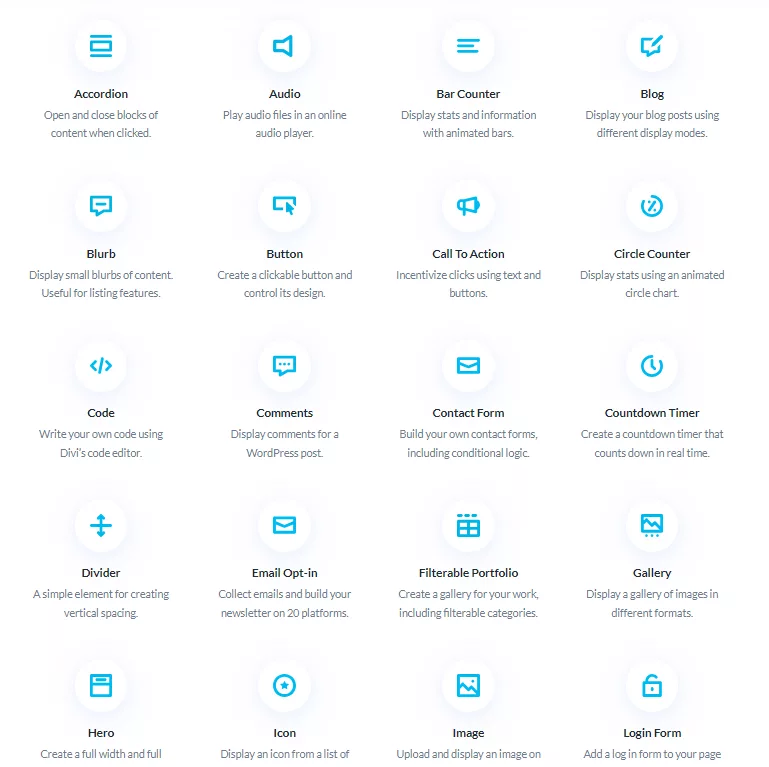 Divi age builder offers more than 60 modules