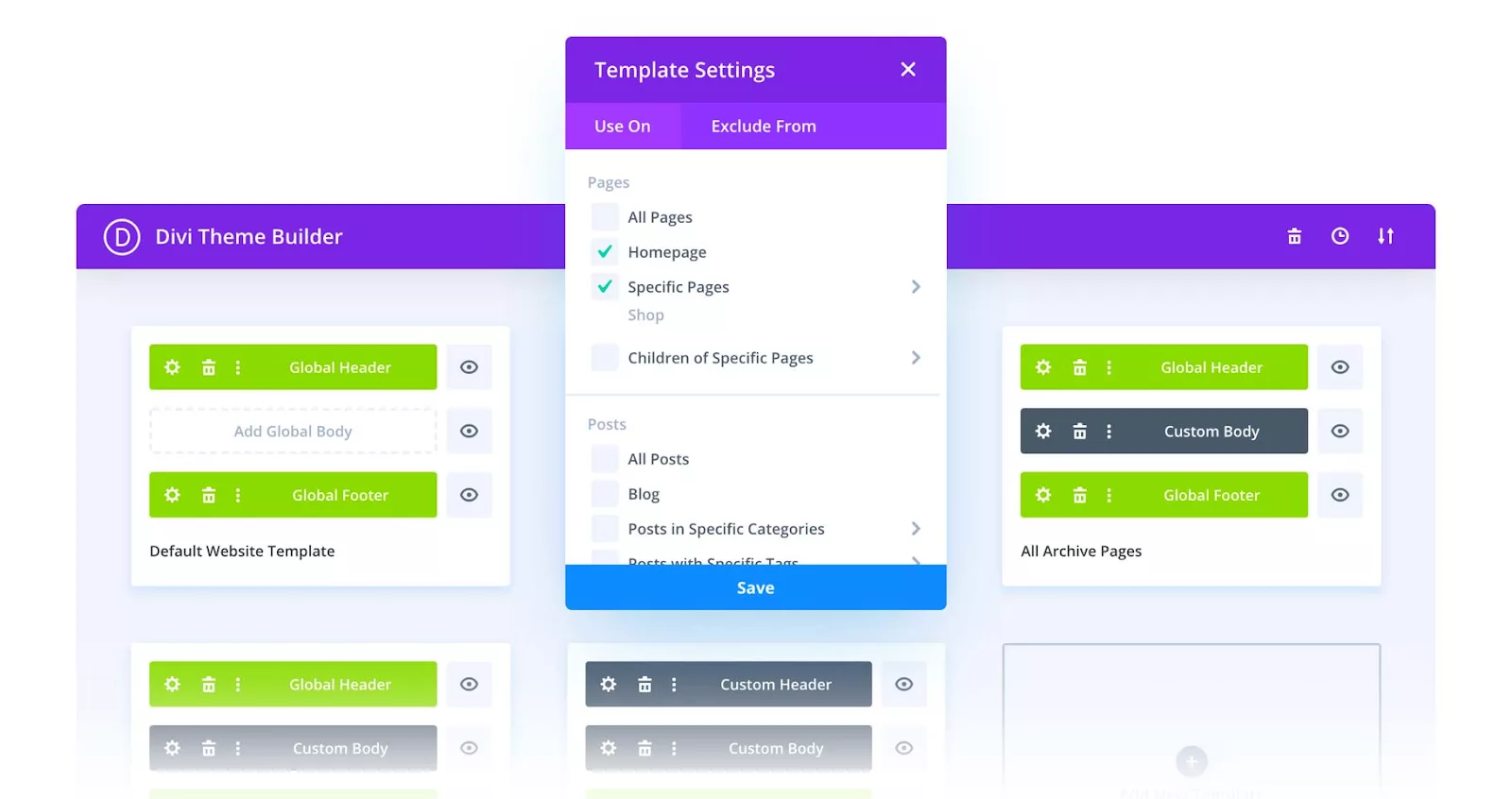 Divi page builder shows a full-screen live preview of your site with a floating toolbar and floating icon