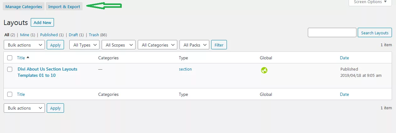 Importing Divi Slider Module Pack layouts from the Divi Library from your WordPress Dashboard