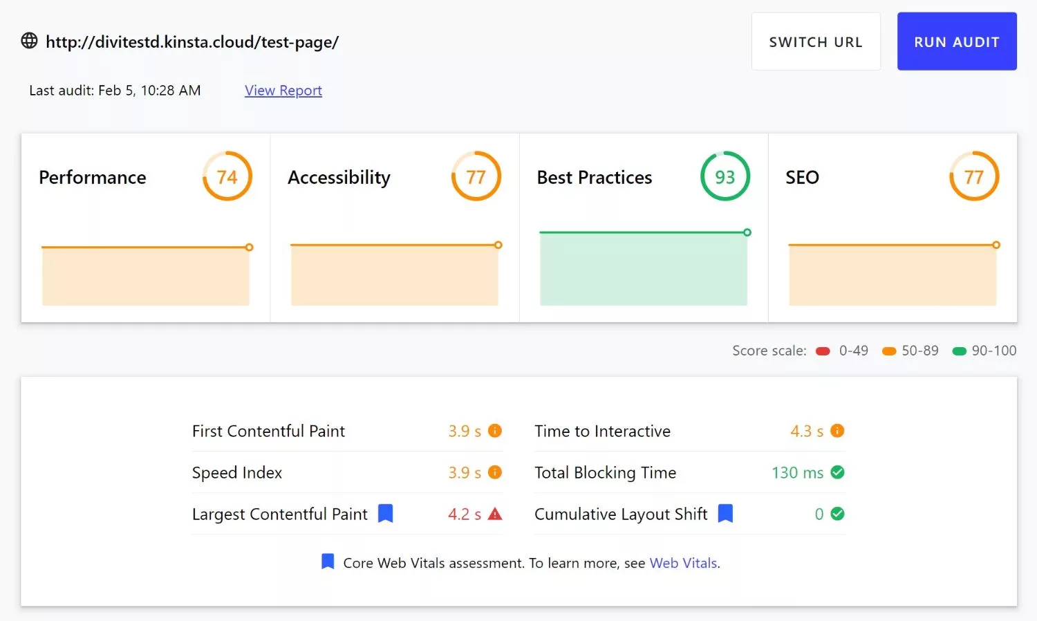 Divi Page builder’s performance on the web.dev’s Lighthouse audit without Autoptimize
