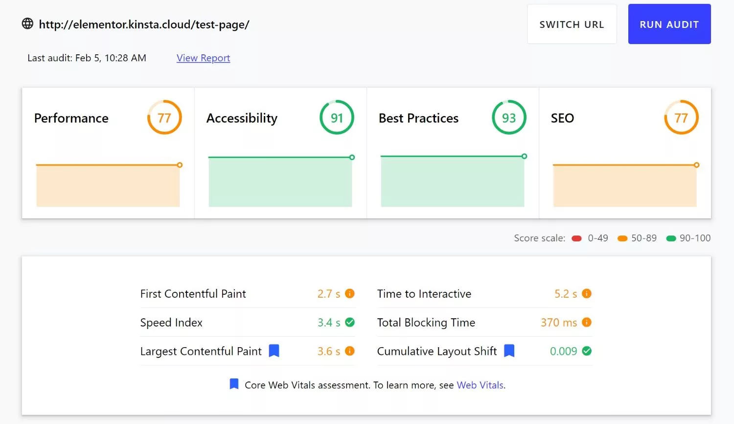 Elementor Page builder’s performance on the web.dev’s Lighthouse audit without Autoptimize