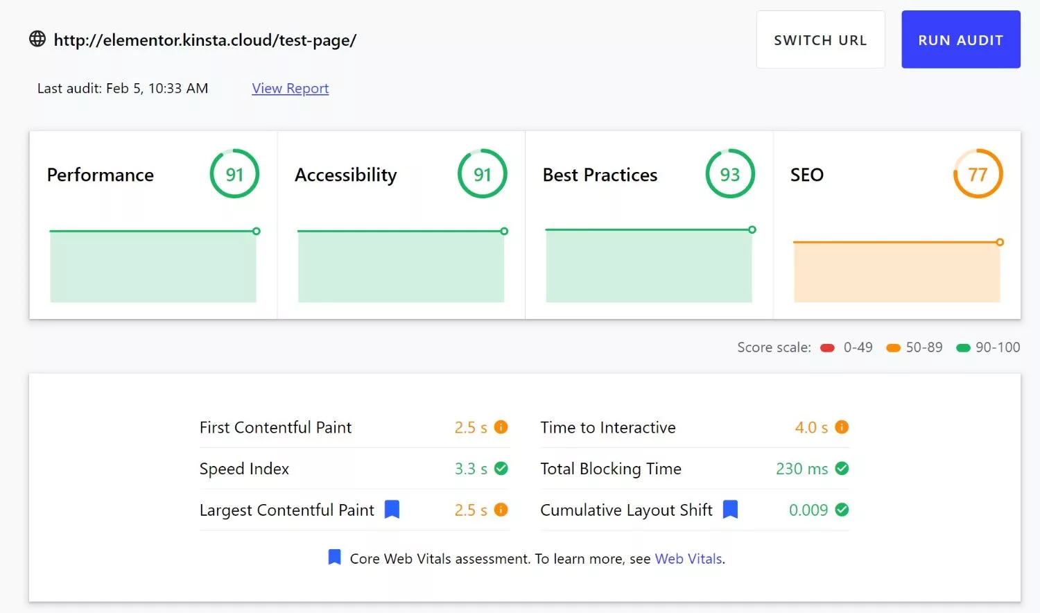 Elementor Page builder’s performance on the web.dev’s Lighthouse audit without Autoptimize