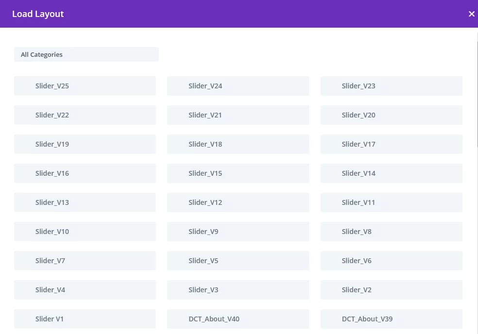 Load Divi Slider Module Pack Layouts among over 100 styles from Divi Library in the Divi Builder