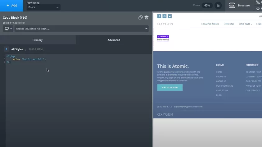 Add PHP or JS code almost anywhere on your web page with Oxygen’s code-centric interface