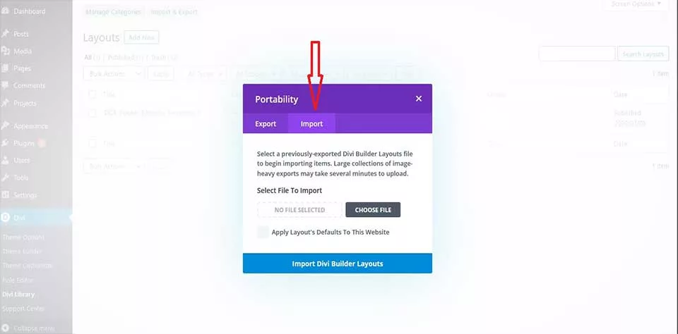 Import Divi Slider Module Pack layouts from the Divi Layouts in the WordPress Dashboard