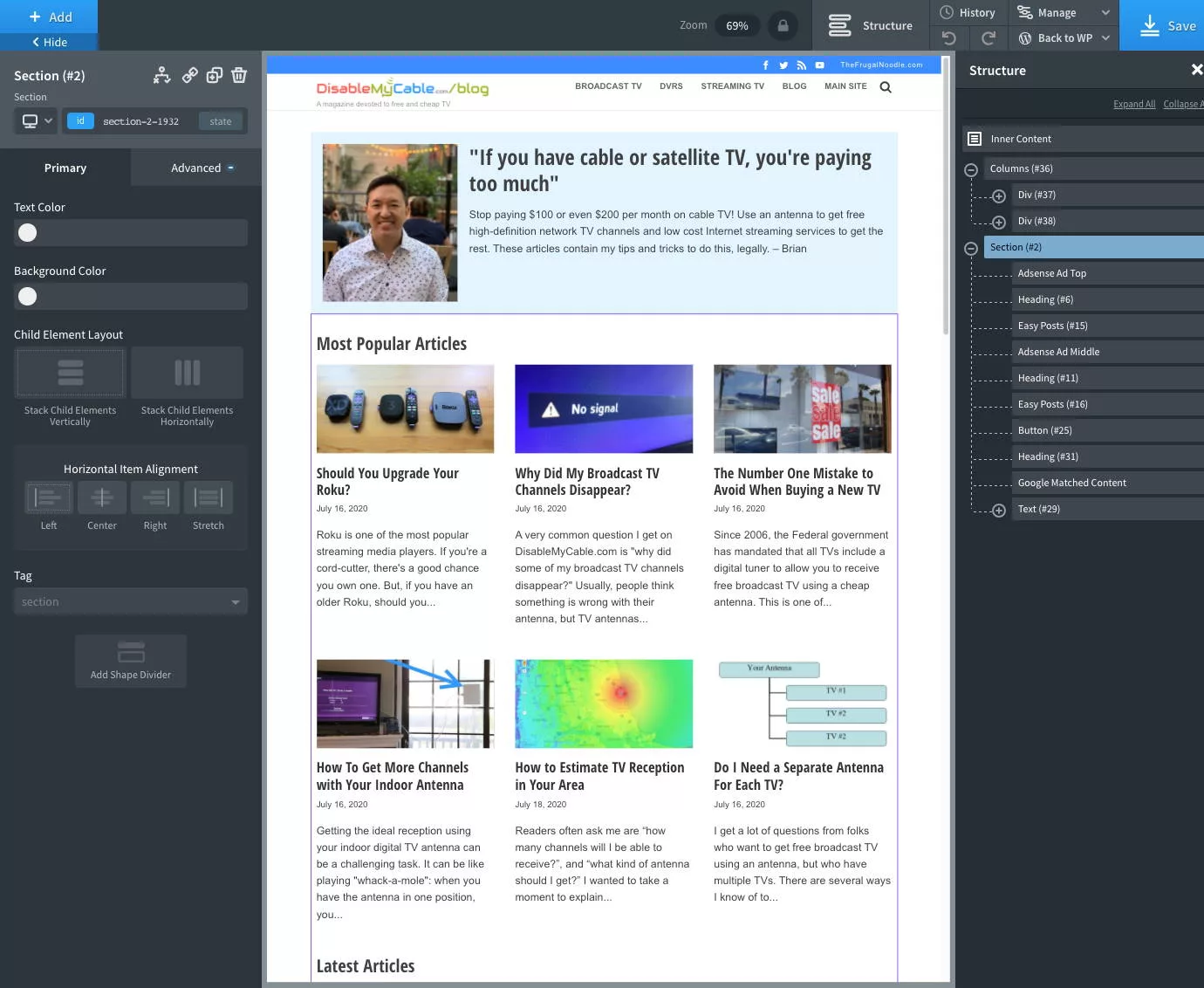 Oxygen builder offers drag & drop editing with elements on the left and editing options at the top