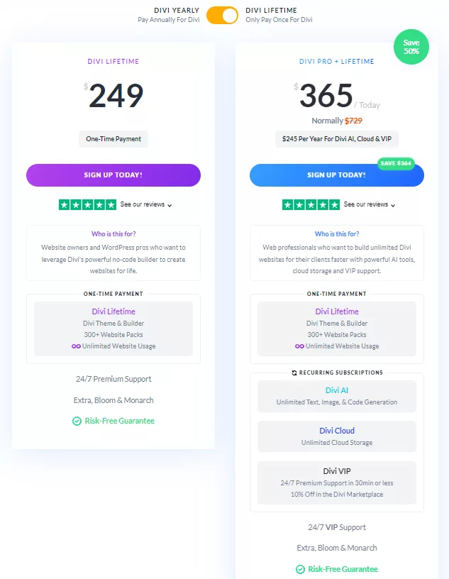Divi Page Builder Pricing: Lifetime subscription for Divi Pro and Divi Lifetime