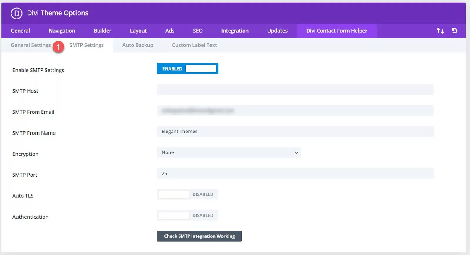 Exploring Divi Contact Form Helper’s SMTP settings in the Divi Theme Options window.