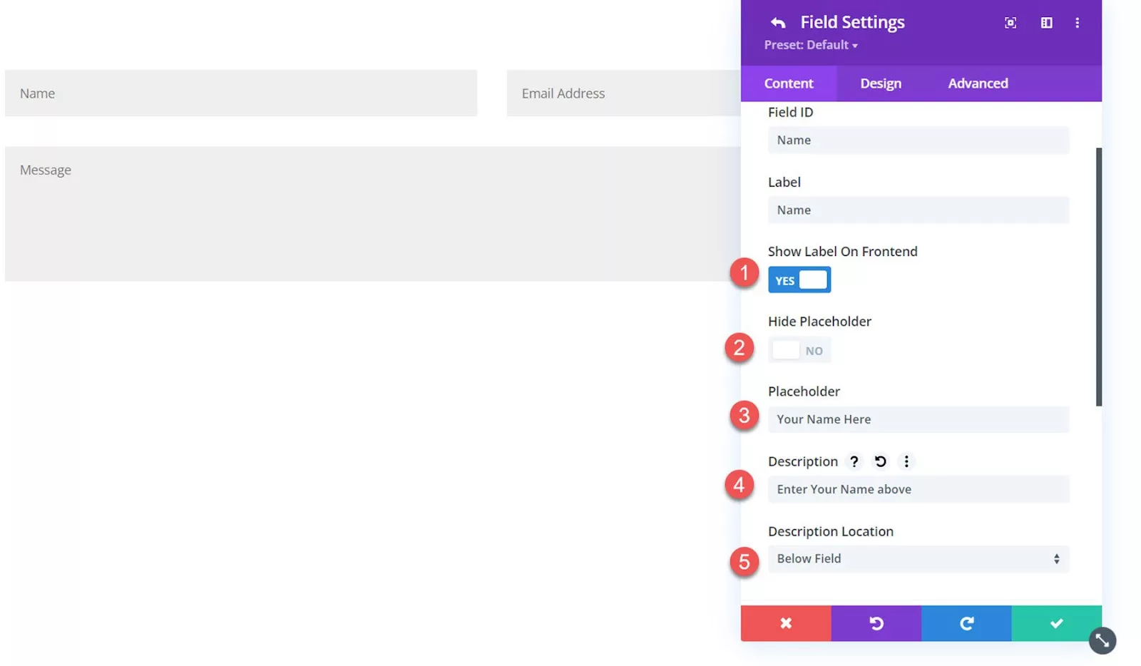 Exploring Field Settings to control or hide field labels in the Content Tab of Divi Contact Form Helper