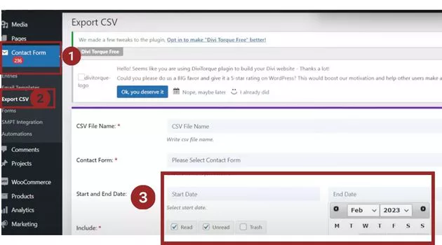 Pick the starting and ending days from the Contact Form in the sidebar menu of the WordPress Dashboard for the Divi Contact Form Helper plugin.