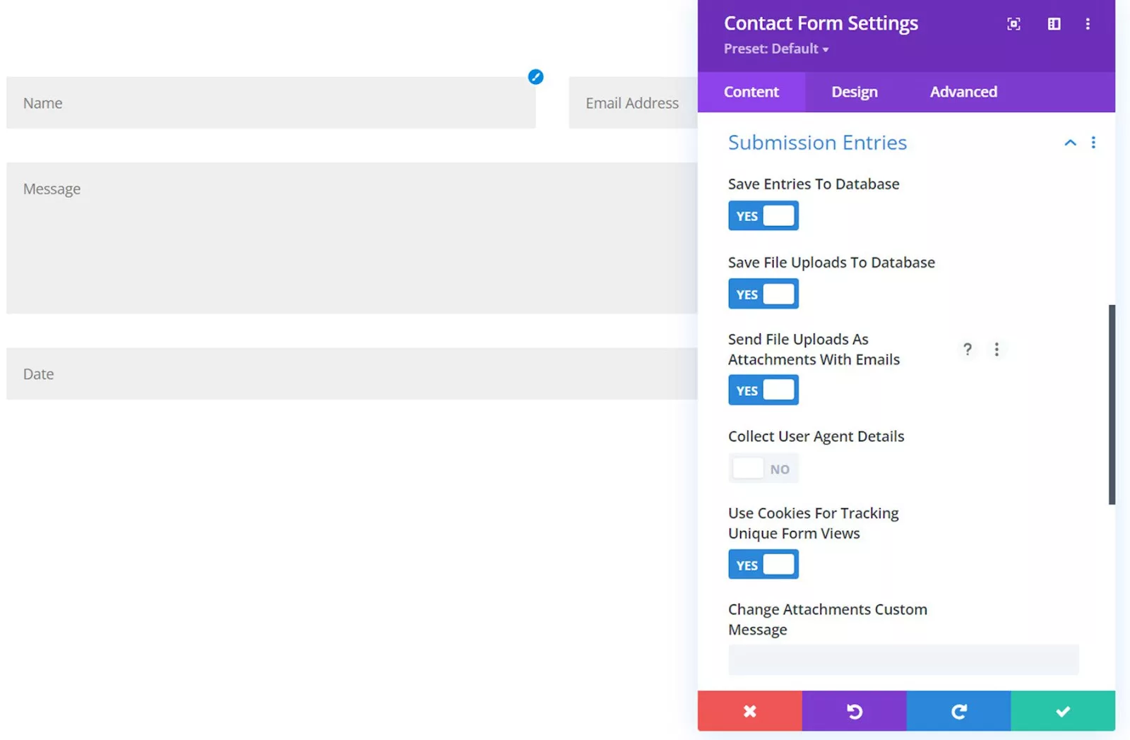 Save entries to Database and more with submission entries settings in the Divi Contact Form Helper plugin