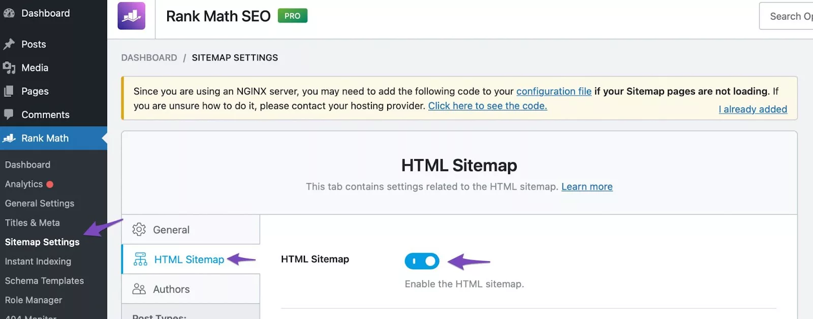 Toggling HTML sitemap module from the HTML sitemap setting tab using the Rank Math SEO plugin