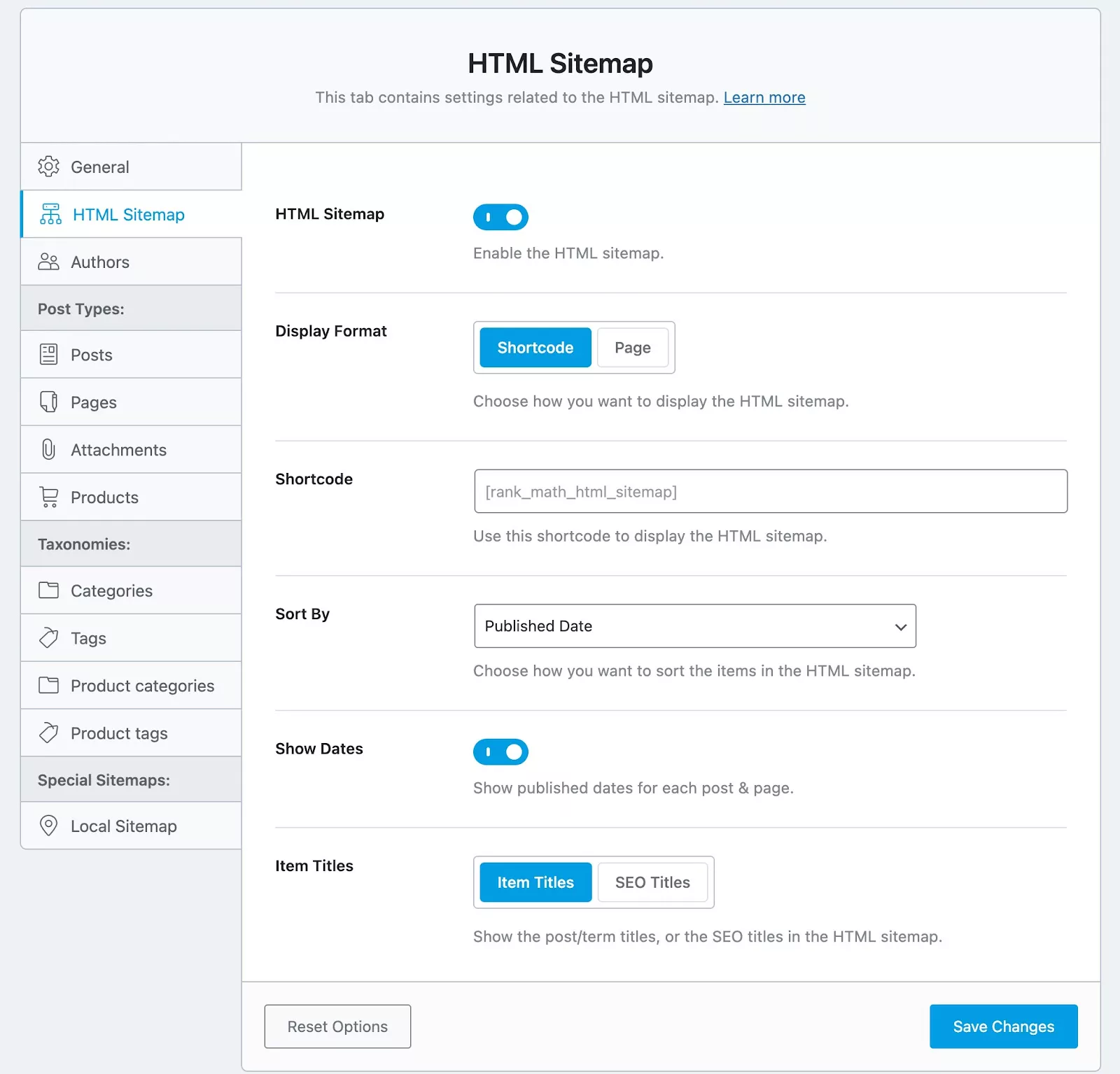 Customize HTML site settings from Display Format, Sort by, Show Dates, and many more using the Rank Math SEO plugin.