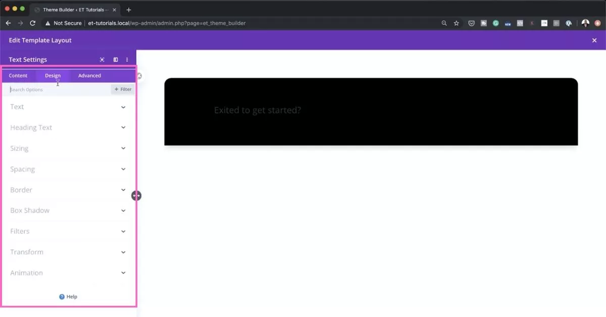 Customize the text module from the design tab in the “text settings” window