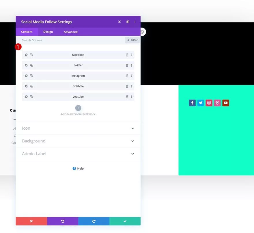Add social links to the custom footer section by searching and adding the “social media follow” module to the custom footer