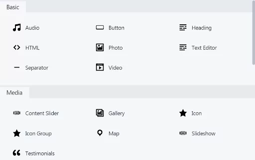 Display of content modules in Beaver Builder, offering a range of customizable elements
