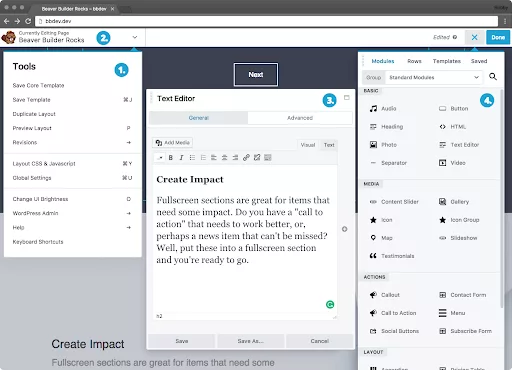 Live editing feature in Beaver Builder, allowing users to make real-time customizations