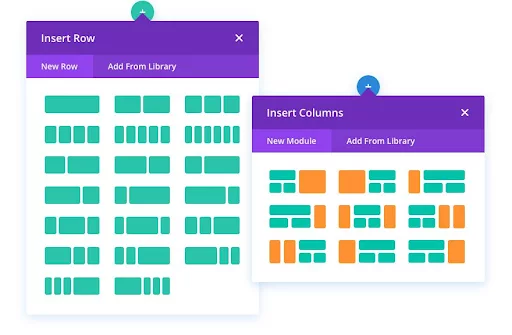 Divi Builder interface highlighting sections, rows, and modules for website design and customization
