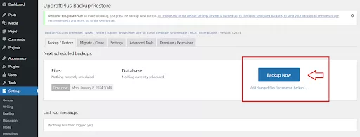 Preparing a backup with UpdraftPlus for your WordPress site.
