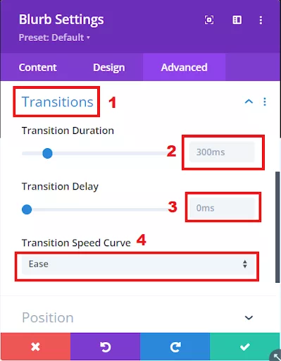 Customize transition speed in the Advanced tab’s Transitions section to control the fade-in effect.