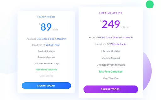 Overview of Divi’s cost structure, highlighting the available plans and features