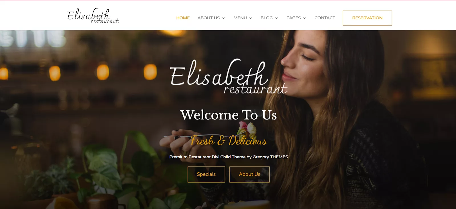 Elisabeth Restaurant Theme, a pre-made premium Divi Child Theme for food websites to showcase your restaurant’s menu, ambiance, and branding effectively.