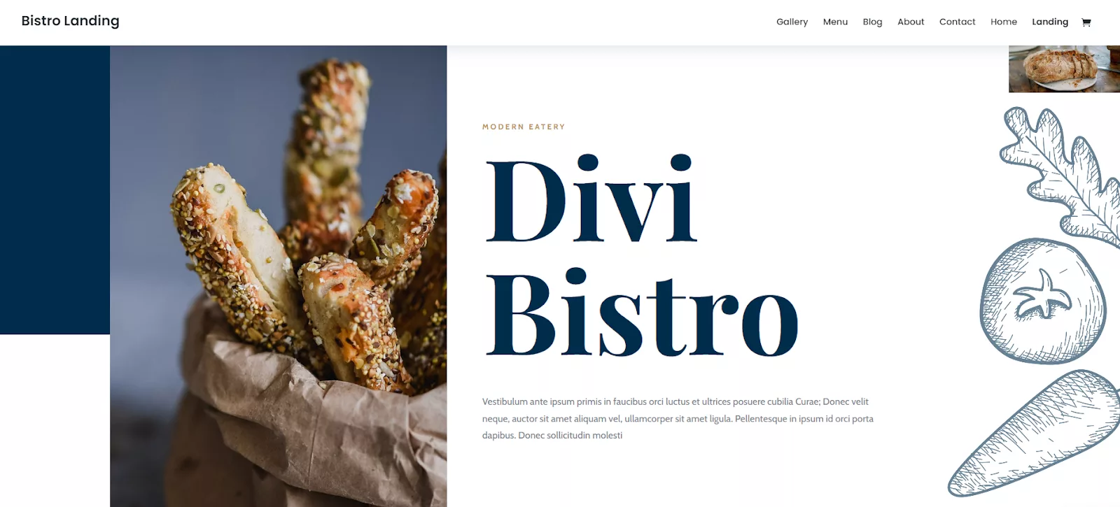 Bistro Landing Page Divi Layout, a pre-made free Divi layout for food websites to showcase your restaurant’s menu, ambiance, and branding effectively.