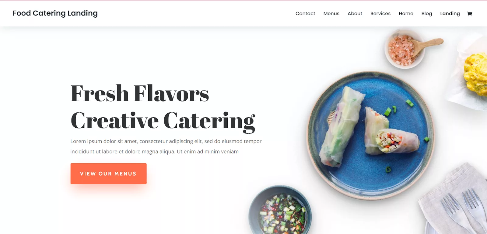 Food Catering Landing Page Divi Layout, a pre-made free Divi layout for food websites to showcase your restaurant’s menu, ambiance, and branding effectively.