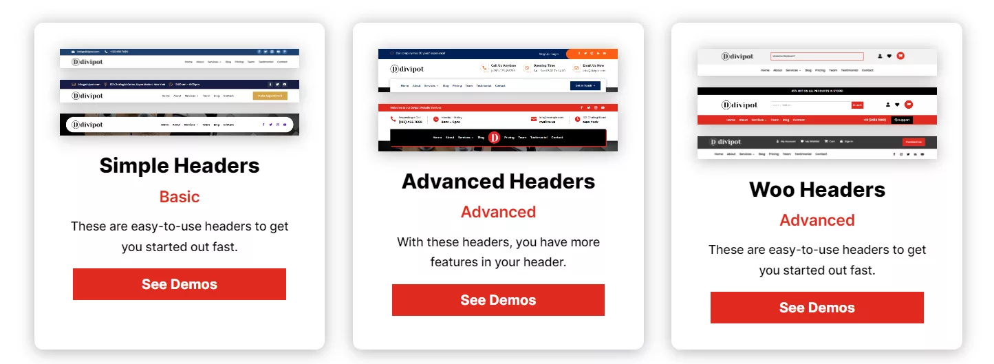Divipot Headers Layout Pack, a pre-made bundle of Divi Header layouts to make it easy for visitors to navigate, reinforcing brand identity and make your WordPress website recognizable to visitors
