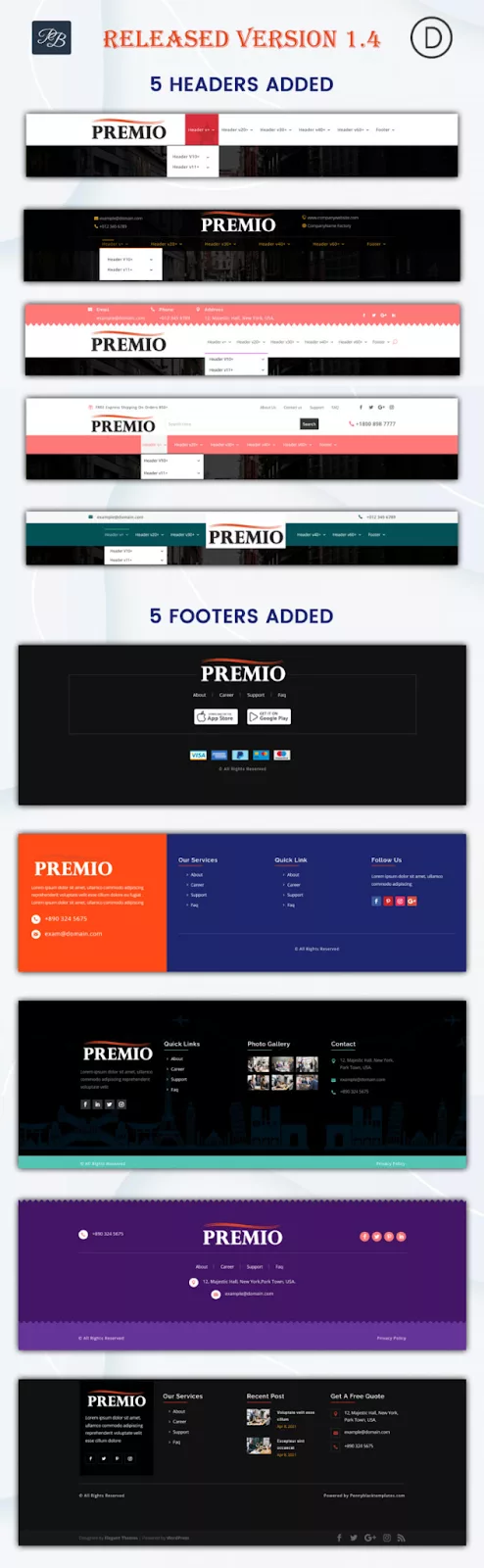 Premio – Header and Footer Layouts Bundle, a pre-made bundle of Divi Header and Footer layouts can contribute to your website’s search engine optimization (SEO) and enhance the overall look and feel of your website