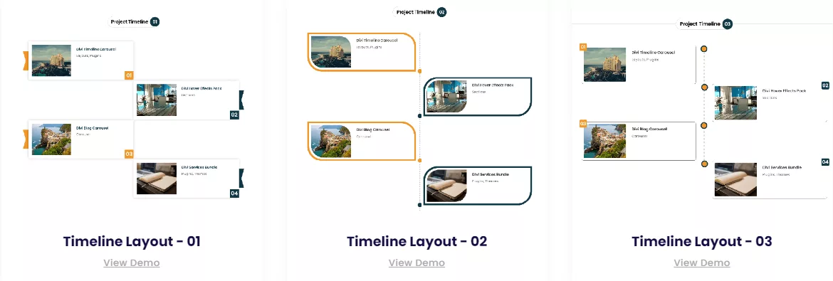 Divi Projects Timeline Layouts pre-designed for your WordPress website for showcasing events, milestones, or progress in chronological order