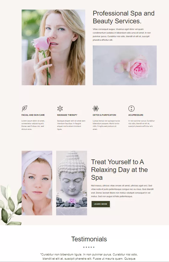 Spa Home Page Divi Layout, a pre-made premium Pack for Spa and Wellness Websites to find information about spa services.