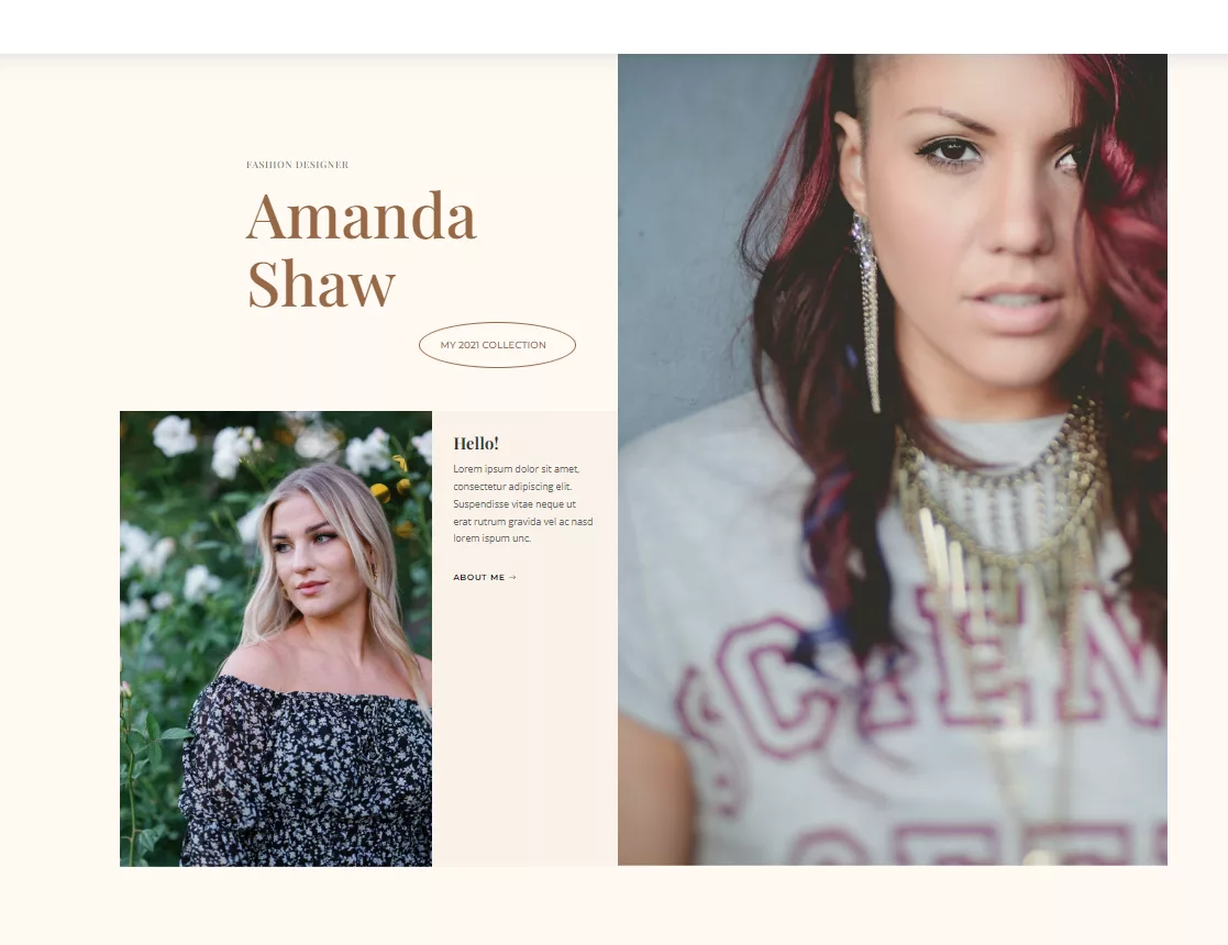 Fashion Designer Blog Page Divi Layout, a premade Divi Layout for a fashion designer, personal stylist, or an e-commerce enthusiast for a WooCommerce website.