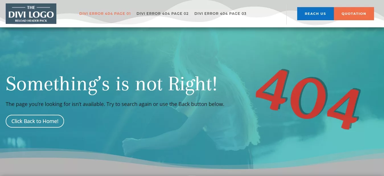 Divi Error 404 Layout Pack 1, a premade Divi Layout to address website errors for a WooCommerce website