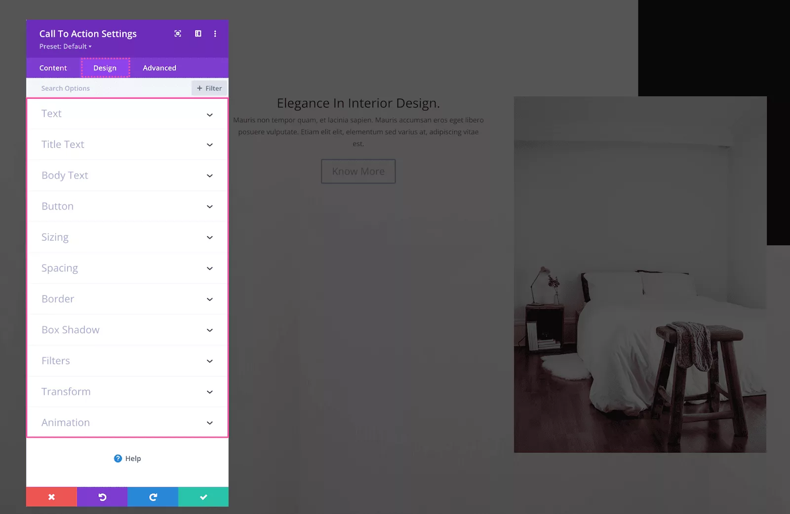 Configuring the design button within the call-to-action setting